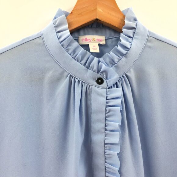 Riley & Rae baby Blue Stand Collar Ruffle trim button up Blouse Medium - Picture 2 of 9